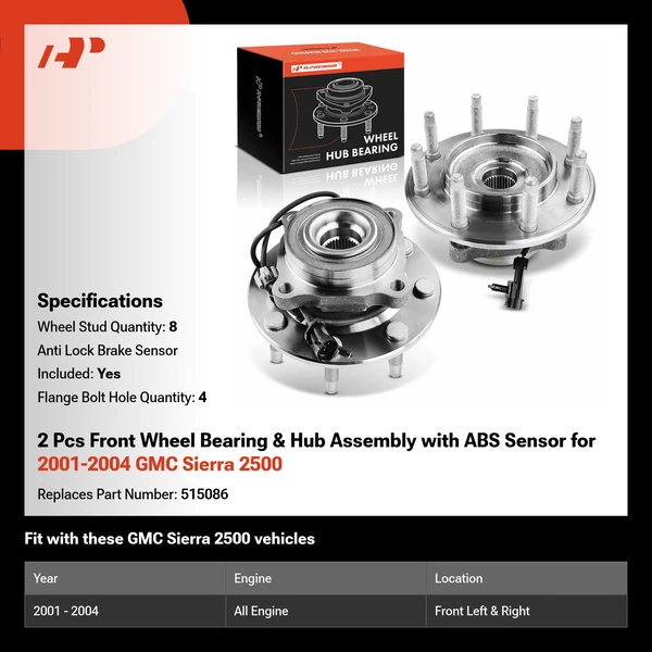 2 Pcs Front Wheel Bearing & Hub Assembly with ABS Sensor for 2001-2004 GMC Sierra 2500