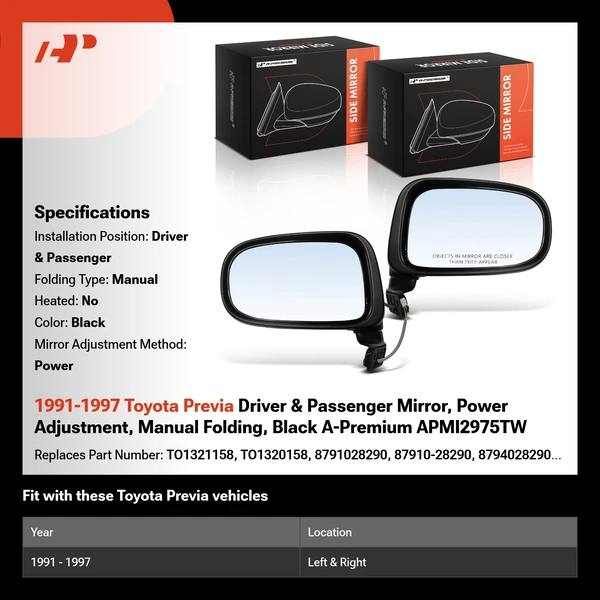 1991-1997 Toyota Previa Driver & Passenger Mirror, Power Adjustment, Manual Folding, Black A-Premium APMI2975TW