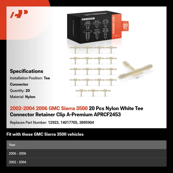 2002-2004 2006 GMC Sierra 3500 20 Pcs Nylon White Tee Connector Retainer Clip A-Premium APRCF2453