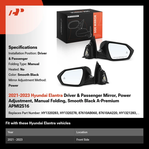 2021-2023 Hyundai Elantra Driver & Passenger Mirror, Power Adjustment, Manual Folding, Smooth Black A-Premium APMI2516