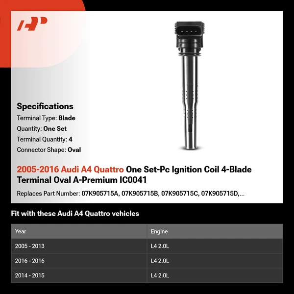 2005-2016 Audi A4 Quattro One Set-Pc Ignition Coil 4-Blade Terminal Oval A-Premium IC0041