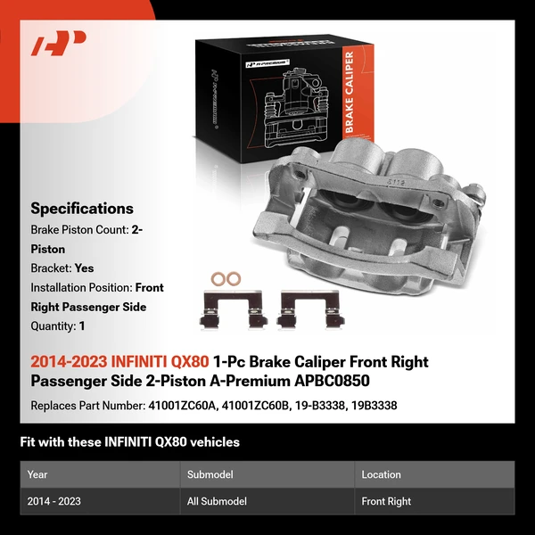 2014-2023 INFINITI QX80 1-Pc Brake Caliper Front Right Passenger Side 2-Piston A-Premium APBC0850