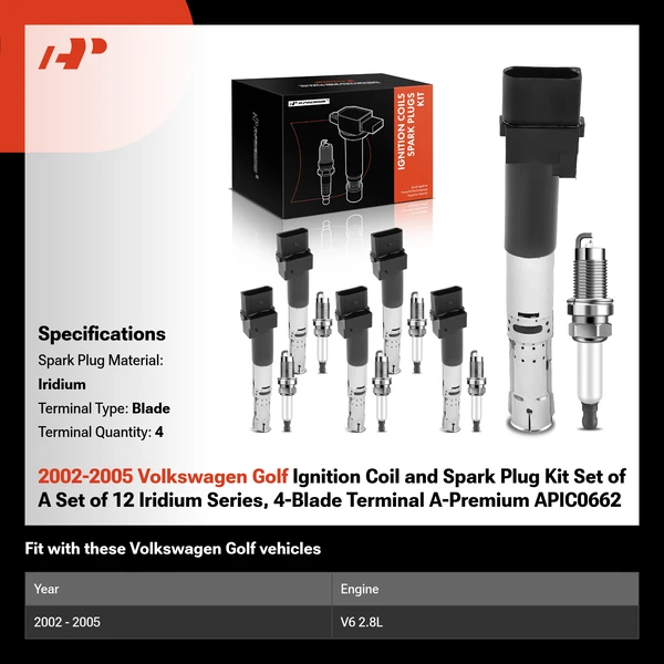 2002-2005 Volkswagen Golf Ignition Coil and Spark Plug Kit Set of A Set of 12 Iridium Series, 4-Blade Terminal A-Premium APIC0662