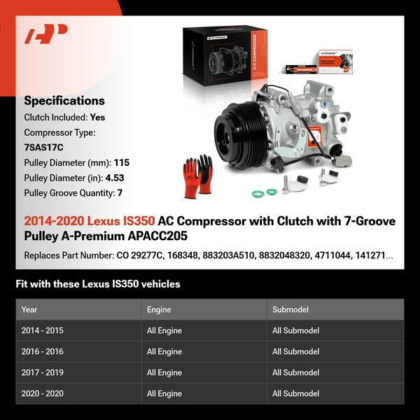 2014-2020 Lexus IS350 AC Compressor with Clutch with 7-Groove Pulley A-Premium APACC205