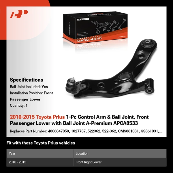 2010-2015 Toyota Prius 1-Pc Control Arm & Ball Joint, Front Passenger Lower with Ball Joint A-Premium APCA8533