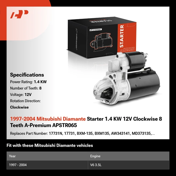 1997-2004 Mitsubishi Diamante Starter 1.4 KW 12V Clockwise 8 Teeth A-Premium APSTR065