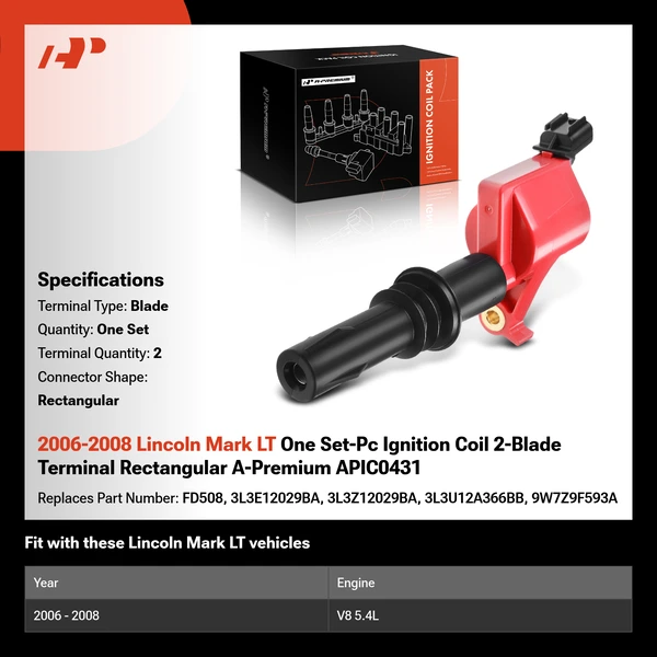 2006-2008 Lincoln Mark LT One Set-Pc Ignition Coil 2-Blade Terminal Rectangular A-Premium APIC0431