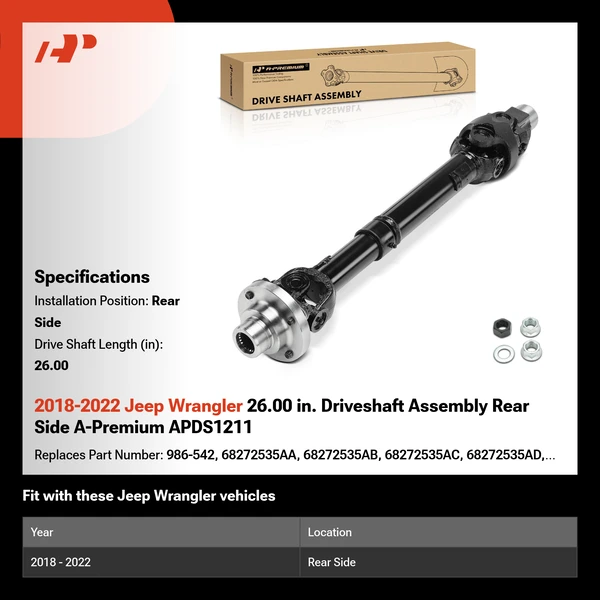2018-2022 Jeep Wrangler 26.00 in. Driveshaft Assembly Rear Side A-Premium APDS1211