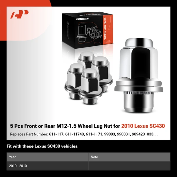 5 Pcs Front or Rear M12-1.5 Wheel Lug Nut for 2010 Lexus SC430