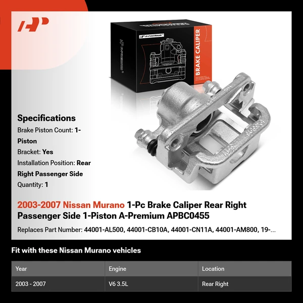 2003-2007 Nissan Murano 1-Pc Brake Caliper Rear Right Passenger Side 1-Piston A-Premium APBC0455