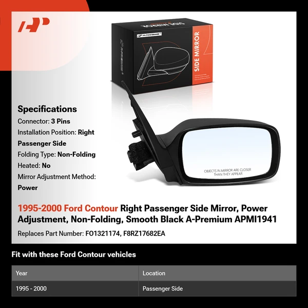 1995-2000 Ford Contour Right Passenger Side Mirror, Power Adjustment, Non-Folding, Smooth Black A-Premium APMI1941