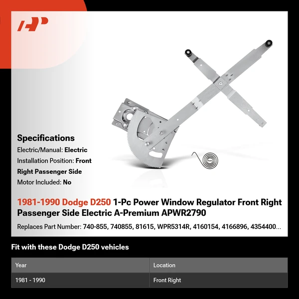 1981-1990 Dodge D250 1-Pc Power Window Regulator Front Right Passenger Side Electric A-Premium APWR2790