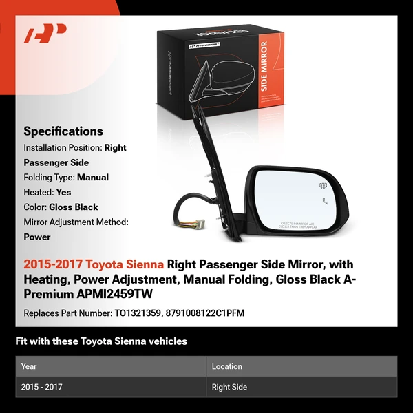 2015-2017 Toyota Sienna Right Passenger Side Mirror, with Heating, Power Adjustment, Manual Folding, Gloss Black A-Premium APMI2459TW