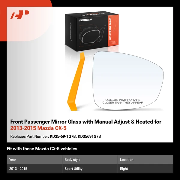 Front Passenger Mirror Glass with Manual Adjust & Heated for 2013-2015 Mazda CX-5