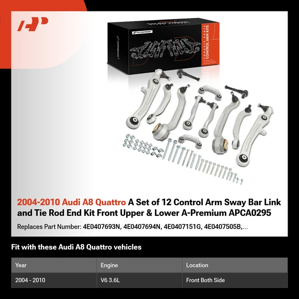 2004-2010 Audi A8 Quattro A Set of 12 Control Arm Sway Bar Link and Tie Rod End Kit Front Upper & Lower A-Premium APCA0295