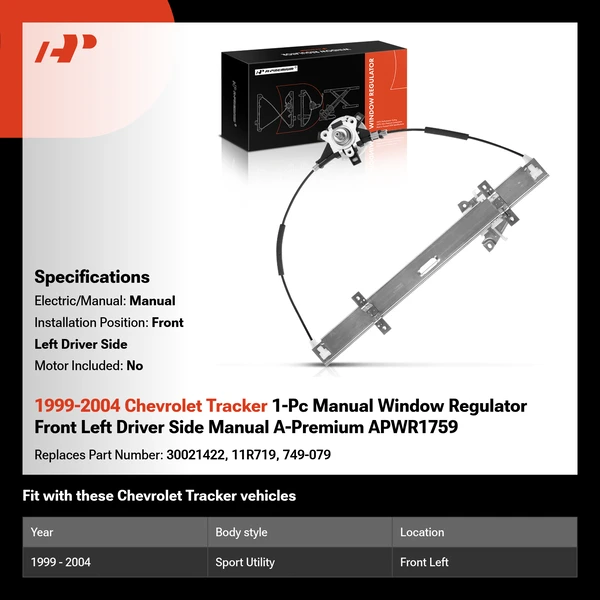 1999-2004 Chevrolet Tracker 1-Pc Manual Window Regulator Front Left Driver Side Manual A-Premium APWR1759