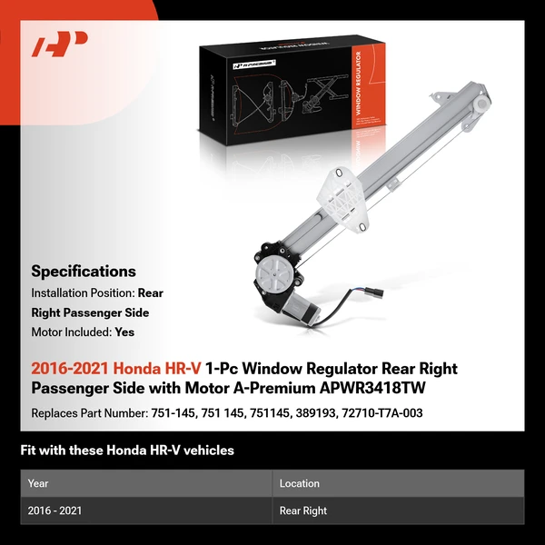 2016-2021 Honda HR-V 1-Pc Window Regulator Rear Right Passenger Side with Motor A-Premium APWR3418TW
