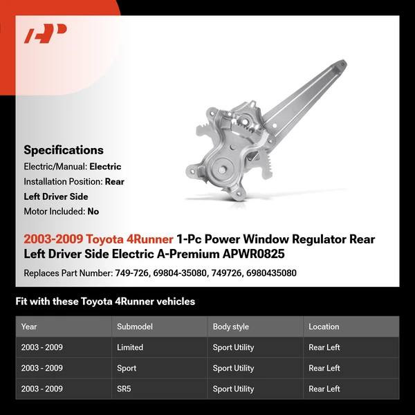 2003-2009 Toyota 4Runner 1-Pc Power Window Regulator Rear Left Driver Side Electric A-Premium APWR0825