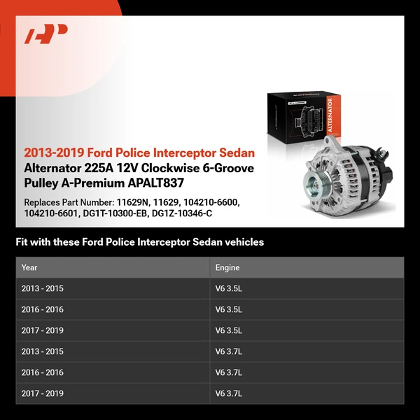 2013-2019 Ford Police Interceptor Sedan Alternator 225A 12V Clockwise 6-Groove Pulley A-Premium APALT837