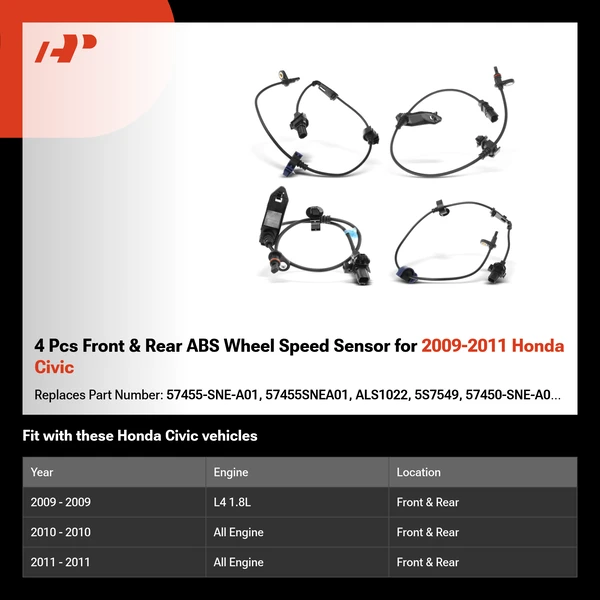 4 Pcs Front & Rear ABS Wheel Speed Sensor for 2009-2011 Honda Civic