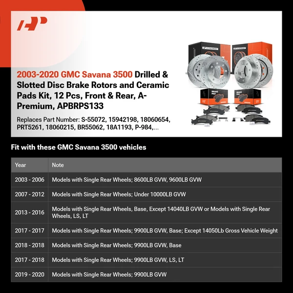 2003-2020 GMC Savana 3500 Drilled & Slotted Disc Brake Rotors and Ceramic Pads Kit, 12 Pcs, Front & Rear, A-Premium, APBRPS133