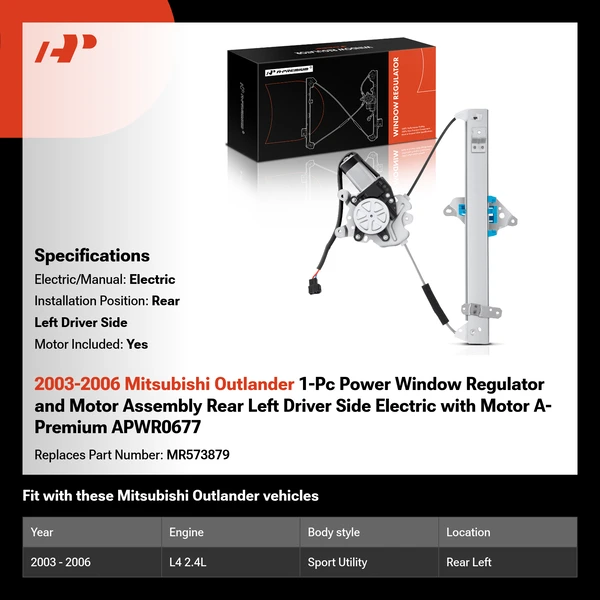2003-2006 Mitsubishi Outlander 1-Pc Power Window Regulator and Motor Assembly Rear Left Driver Side Electric with Motor A-Premium APWR0677