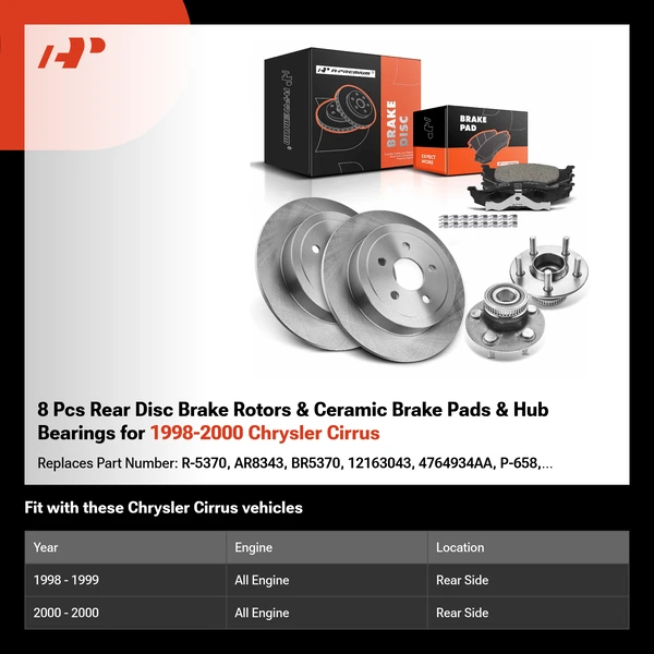 8 Pcs Rear Disc Brake Rotors & Ceramic Brake Pads & Hub Bearings for 1998-2000 Chrysler Cirrus