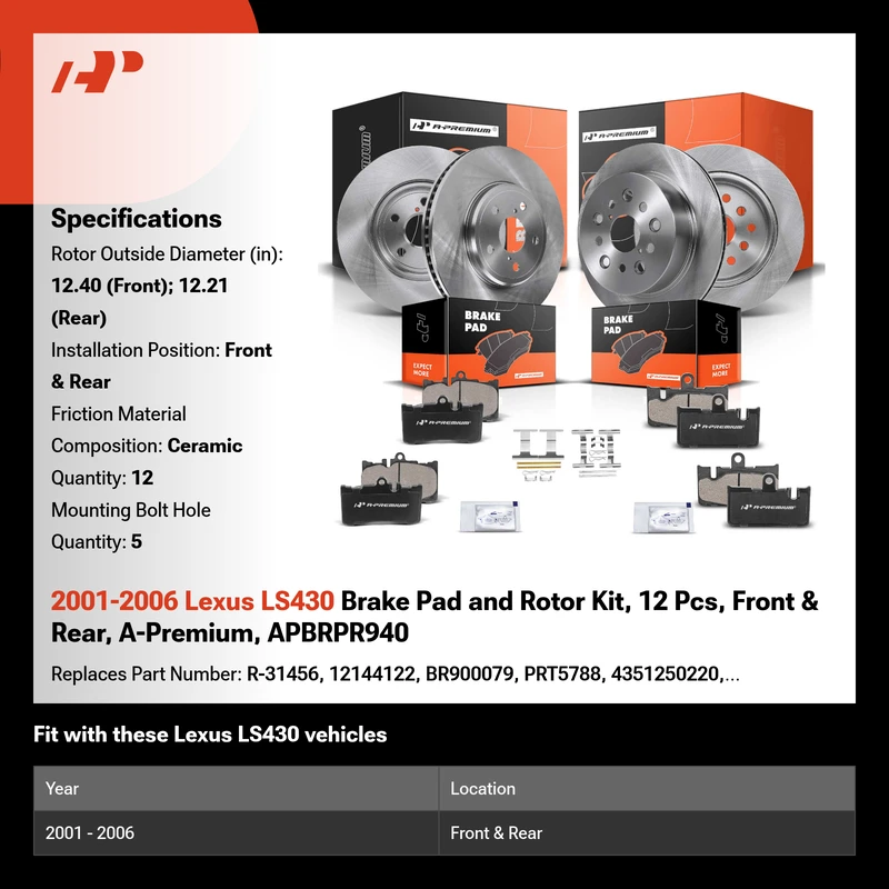 2001-2006 Lexus LS430 Brake Pad and Rotor Kit, 12 Pcs, Front & Rear, A-Premium, APBRPR940