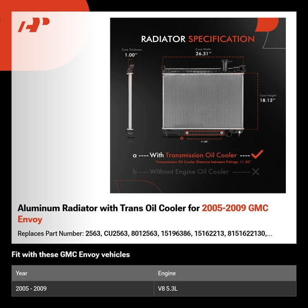 Aluminum Radiator with Trans Oil Cooler for 2005-2009 GMC Envoy