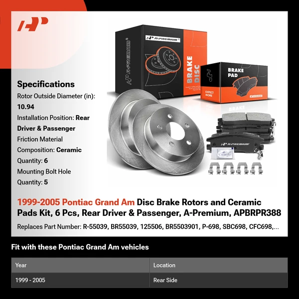 1999-2005 Pontiac Grand Am Disc Brake Rotors and Ceramic Pads Kit, 6 Pcs, Rear Driver & Passenger, A-Premium, APBRPR388
