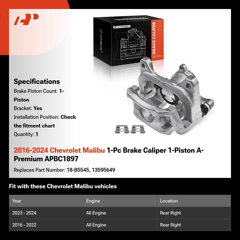 2016-2024 Chevrolet Malibu 1-Pc Brake Caliper 1-Piston A-Premium APBC1897