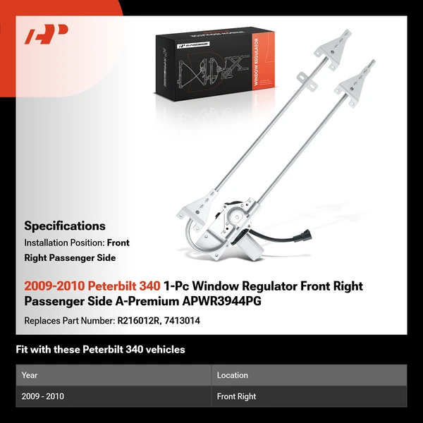 2009-2010 Peterbilt 340 1-Pc Window Regulator Front Right Passenger Side A-Premium APWR3944PG