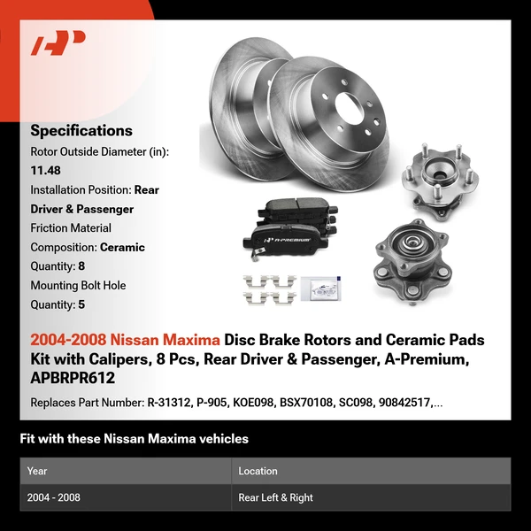 2004-2008 Nissan Maxima Disc Brake Rotors and Ceramic Pads Kit with Calipers, 8 Pcs, Rear Driver & Passenger, A-Premium, APBRPR612
