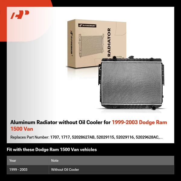 Aluminum Radiator without Oil Cooler for 1999-2003 Dodge Ram 1500 Van