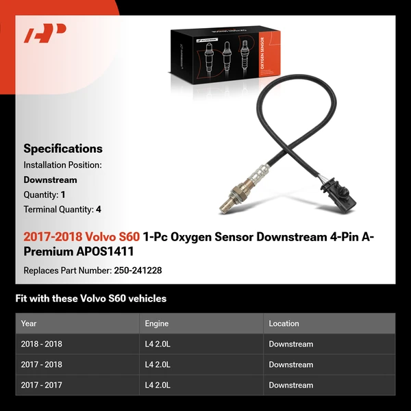 2017-2018 Volvo S60 1-Pc Oxygen Sensor Downstream 4-Pin A-Premium APOS1411