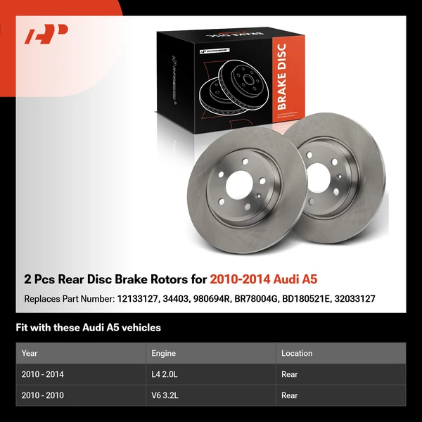 2 Pcs Rear Disc Brake Rotors for 2010-2014 Audi A5