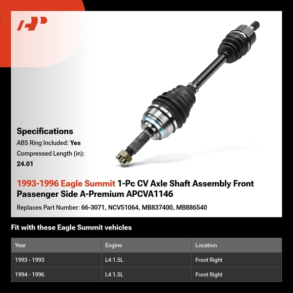 1993-1996 Eagle Summit 1-Pc CV Axle Shaft Assembly Front Passenger Side A-Premium APCVA1146
