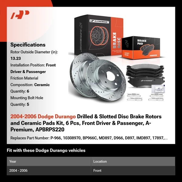 2004-2006 Dodge Durango Drilled & Slotted Disc Brake Rotors and Ceramic Pads Kit, 6 Pcs, Front Driver & Passenger, A-Premium, APBRPS220