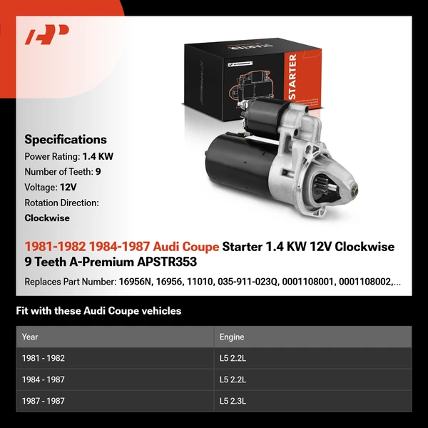 1981-1982 1984-1987 Audi Coupe Starter 1.4 KW 12V Clockwise 9 Teeth A-Premium APSTR353