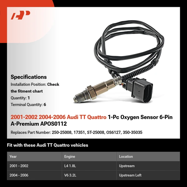 2001-2002 2004-2006 Audi TT Quattro 1-Pc Oxygen Sensor 6-Pin A-Premium APOS0112