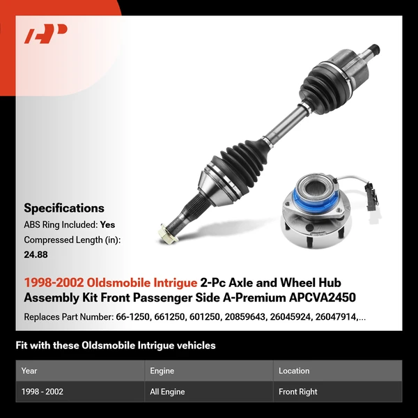 1998-2002 Oldsmobile Intrigue 2-Pc Axle and Wheel Hub Assembly Kit Front Passenger Side A-Premium APCVA2450