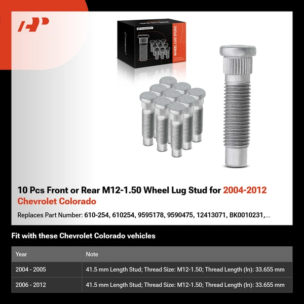 10 Pcs Front or Rear M12-1.50 Wheel Lug Stud for 2004-2012 Chevrolet Colorado