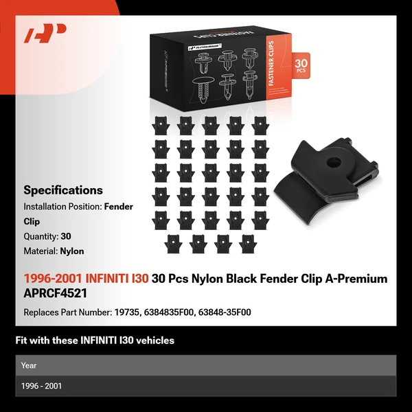 1996-2001 INFINITI I30 30 Pcs Nylon Black Fender Clip A-Premium APRCF4521