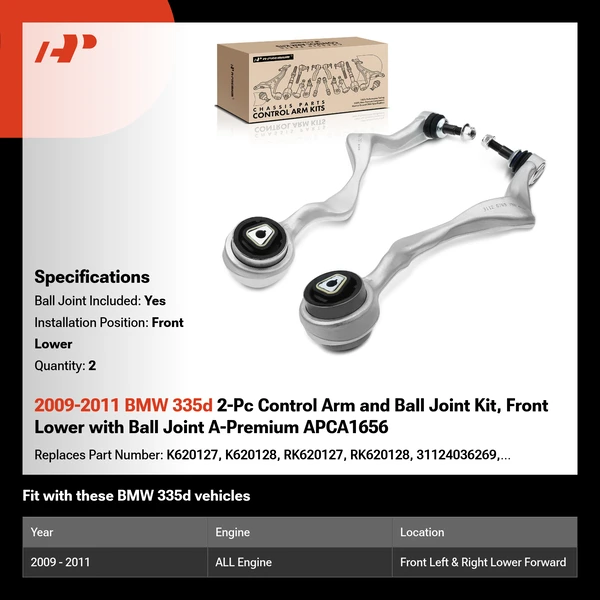 2009-2011 BMW 335d 2-Pc Control Arm and Ball Joint Kit, Front Lower with Ball Joint A-Premium APCA1656
