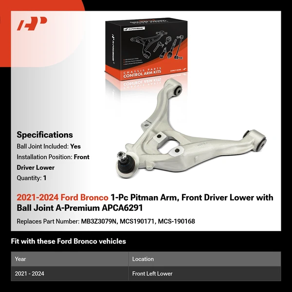 2021-2024 Ford Bronco 1-Pc Pitman Arm, Front Driver Lower with Ball Joint A-Premium APCA6291