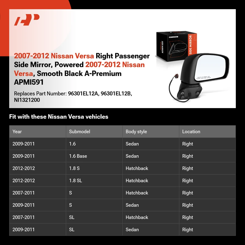 2007-2012 Nissan Versa Right Passenger Side Mirror, Powered 2007-2012 Nissan Versa, Smooth Black A-Premium APMI591