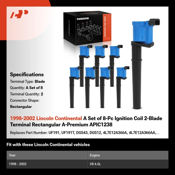 1998-2002 Lincoln Continental A Set of 8-Pc Ignition Coil 2-Blade Terminal Rectangular A-Premium APIC1238