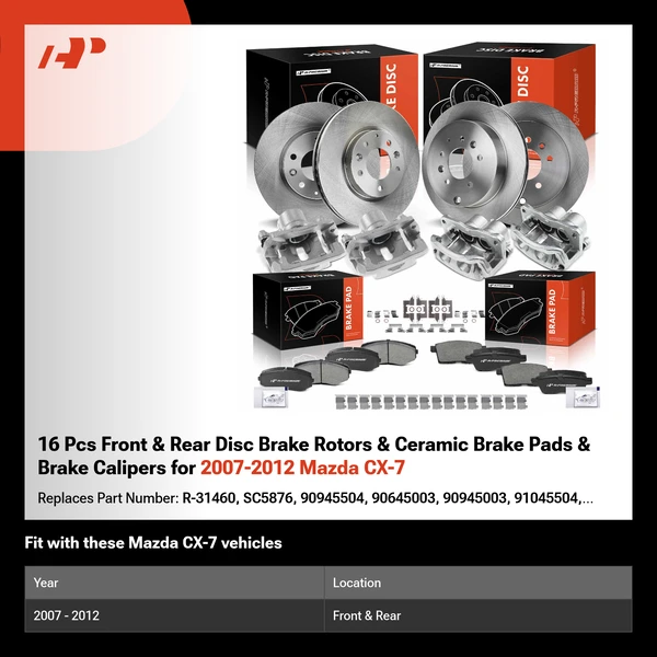 16 Pcs Front & Rear Disc Brake Rotors & Ceramic Brake Pads & Brake Calipers for 2007-2012 Mazda CX-7