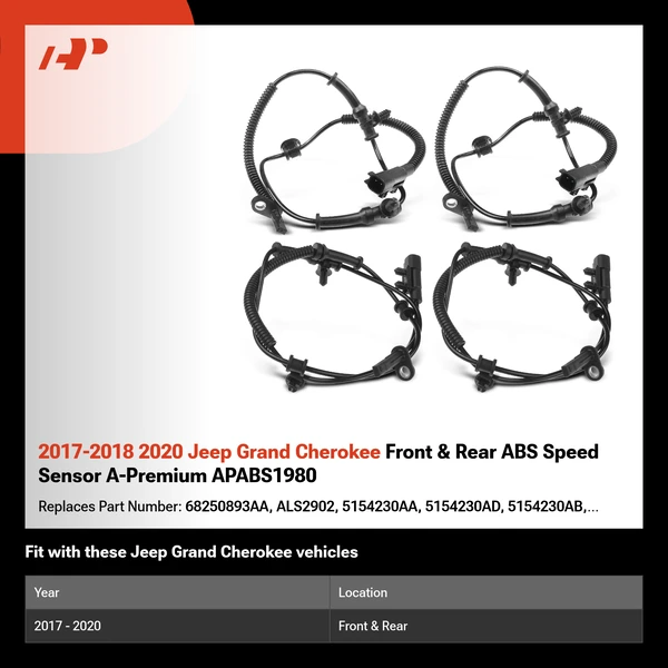 2017-2018 2020 Jeep Grand Cherokee Front & Rear ABS Speed Sensor A-Premium APABS1980
