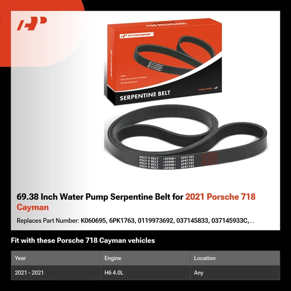 69.38 Inch Water Pump Serpentine Belt for 2021 Porsche 718 Cayman